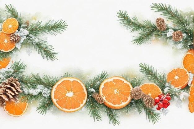 Foto ramo de árvore de natal decorado com cones de neve e bagas vermelhas