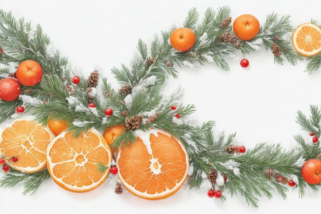 Foto ramo de árvore de natal decorado com cones de neve e bagas vermelhas