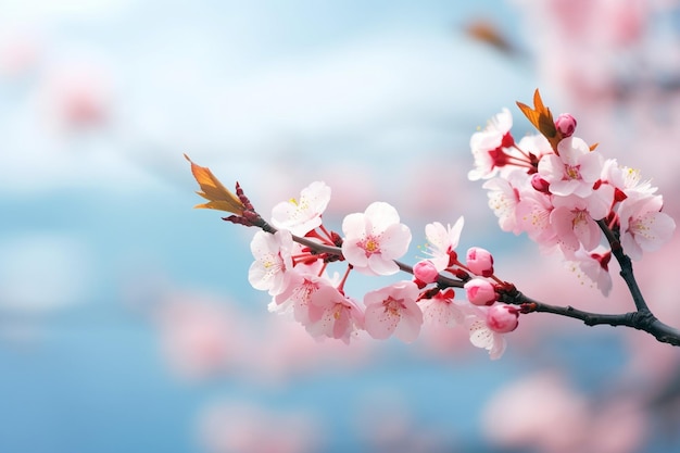 Ramo de árvore de sakura em flor na parte superior das árvores de foto com folhas verdes