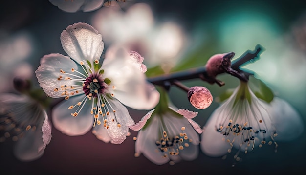 Ramo de baga bonito e desfocado com muitas flores lindas IA generativa