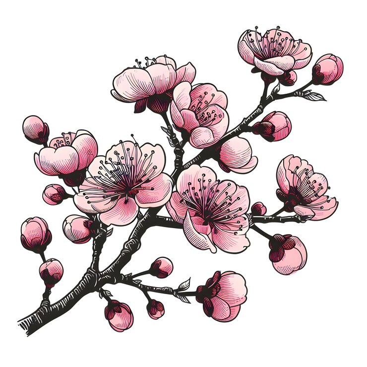 Foto ramo de cereja em flor sakura flores de primavera isoladas esboço desenhado à mão em fundo branco