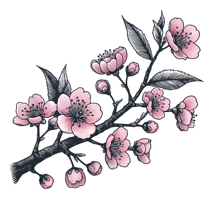 Foto ramo de cereja em flor sakura flores de primavera isoladas esboço desenhado à mão em fundo branco