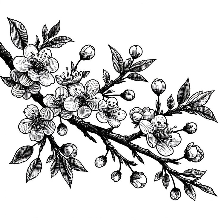 Foto ramo de cereja em flor sakura flores de primavera isoladas esboço desenhado à mão em fundo branco