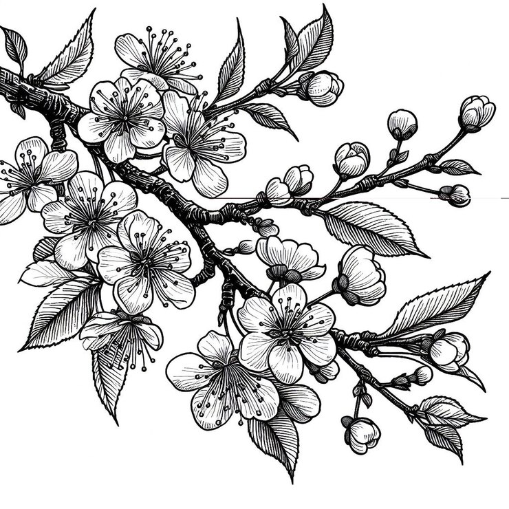 Foto ramo de cereja em flor sakura flores de primavera isoladas esboço desenhado à mão em fundo branco
