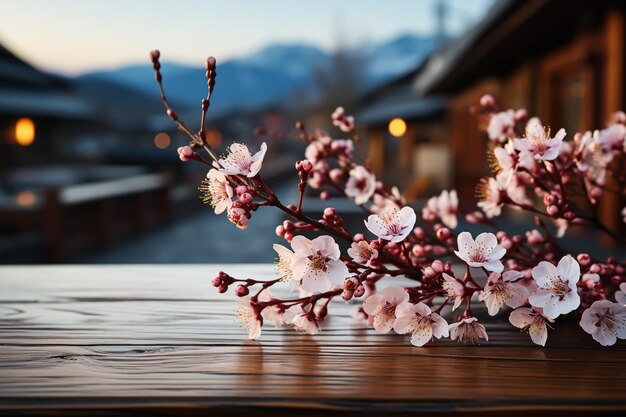 Ramo de flor de cerejeira Sakura em vaso de cerâmica sobre fundo de parede bege de mesa