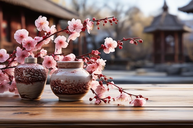 Ramo de flor de cerejeira Sakura em vaso de cerâmica sobre fundo de parede bege de mesa