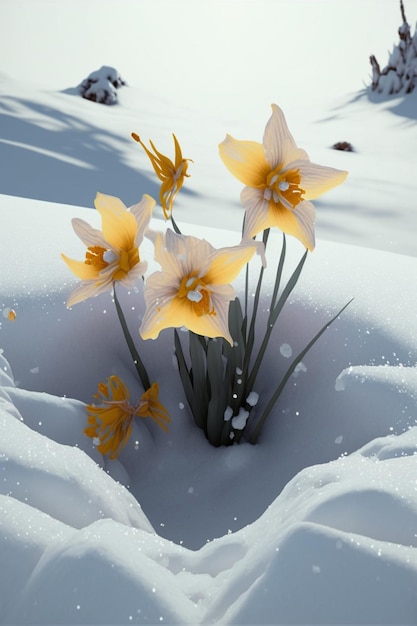 Ramo de flores amarelas que estão na neve Generative Ai