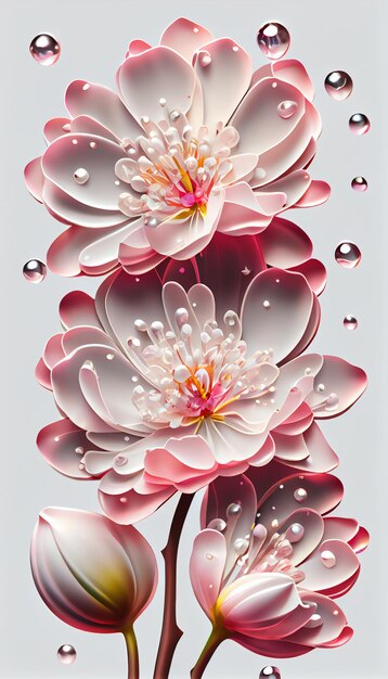Ramo de flores cor de rosa com gotículas de água generativa ai