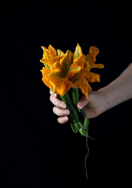 Foto ramo de flores de abóbora realizada na mão com pano de fundo escuro humor