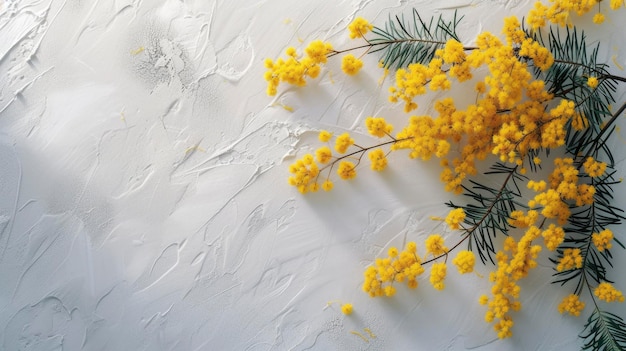 Ramo de flores de mimosa em um fundo de textura bege copyspace
