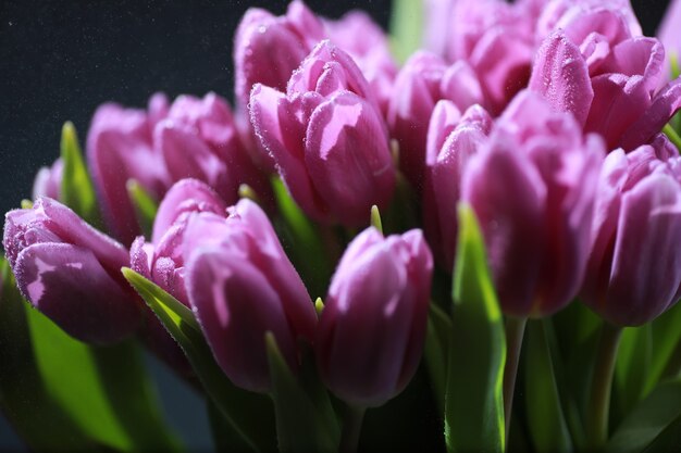 Ramo de flores frescas. Presente de feriado para seu ente querido. Dia de São Valentim de fundo. Arranjo de flores de rosa, tulipa, íris.