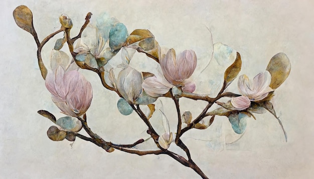 Ramo de magnólia com botões de flores desabrochando arte minimalista moderna estilo colagem floral em cor pastel Generative Ai