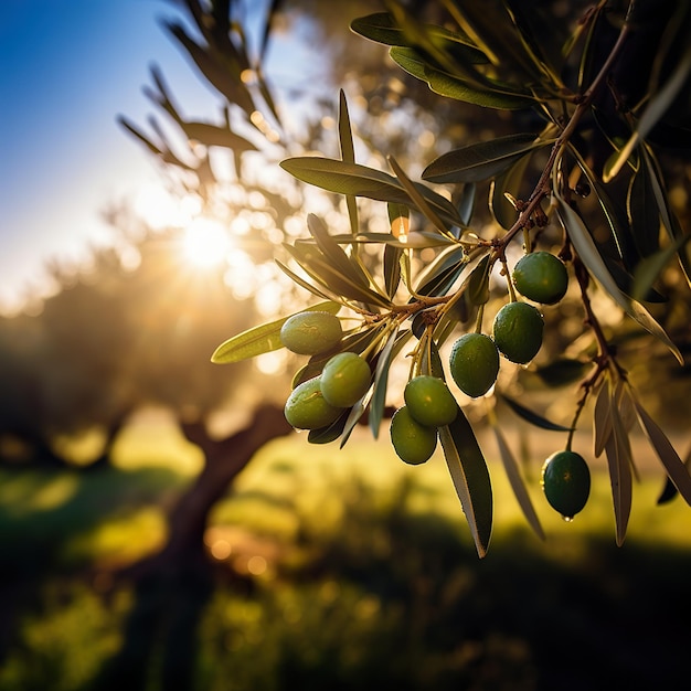 Ramo de oliveira em uma fazenda com céu azul em um dia ensolarado