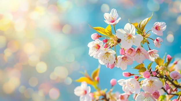 Ramo de sakura em flor contra o céu azul