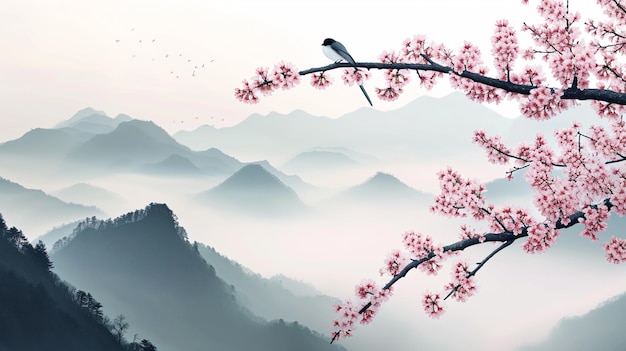 Ramo de sakura em flor pequeno pássaro e montanhas nebulosas com encostas suaves Generative Ai