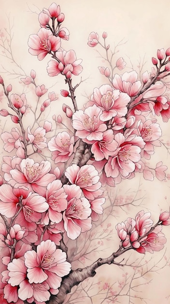 Foto ramo de sakura em fundo branco pintura japonesa papel de parede vertical