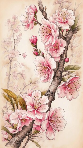 Foto ramo de sakura em fundo branco pintura japonesa papel de parede vertical