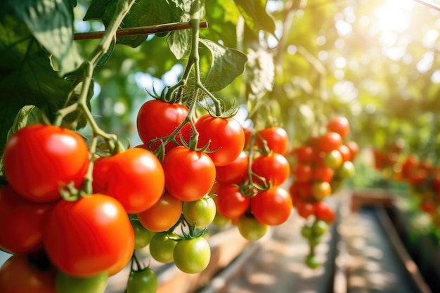 Ramo de tomates maduros orgânicos frescos crescendo em estufa digital ai
