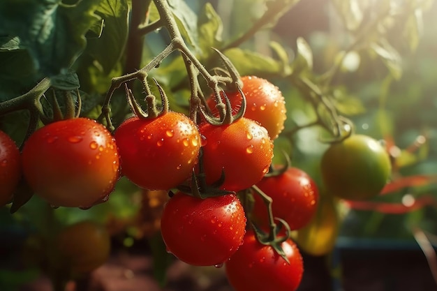 Ramo de tomates maduros orgânicos frescos e suculentos crescendo em estufa
