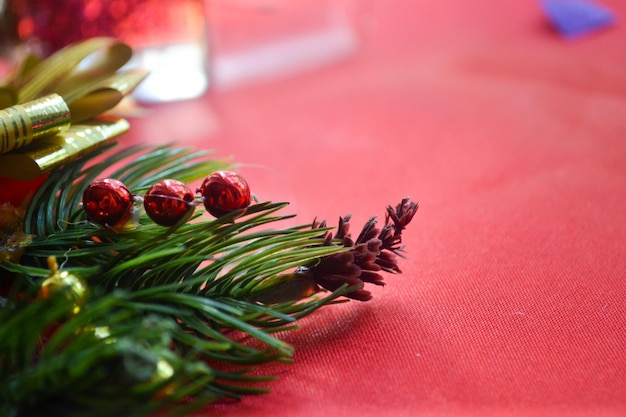 Ramo de uma árvore de Natal com um cone e decoração em um fundo vermelho há um lugar para o texto