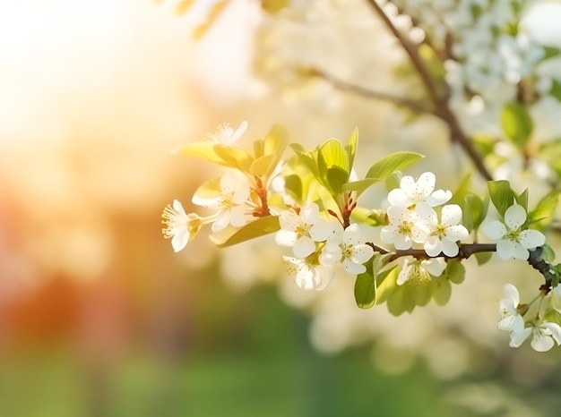 Ramo de uma macieira com flores brancas e folhas verdes através das quais o sol brilha