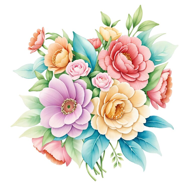 ramo floral de acuarela con flores y hojas
