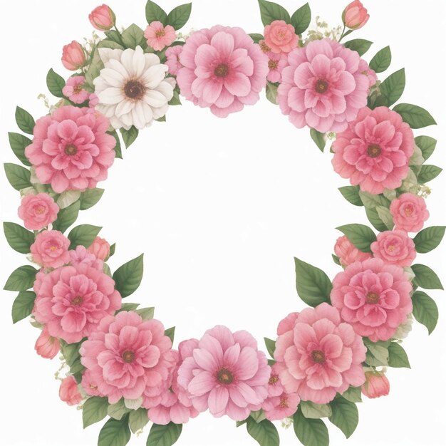 Ramo floral acuarela con hojas verdes, melocotón rosa, flores blancas, marco floral