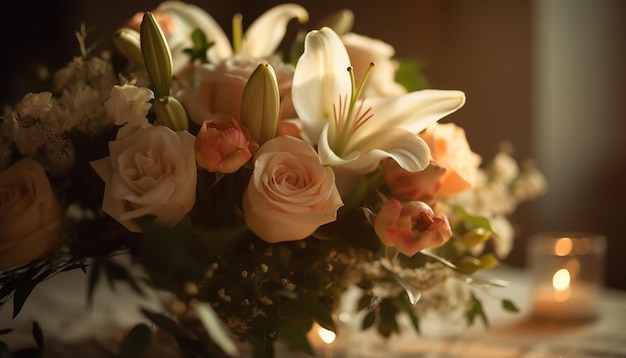 Ramo de flores adornado en madera generado por IA