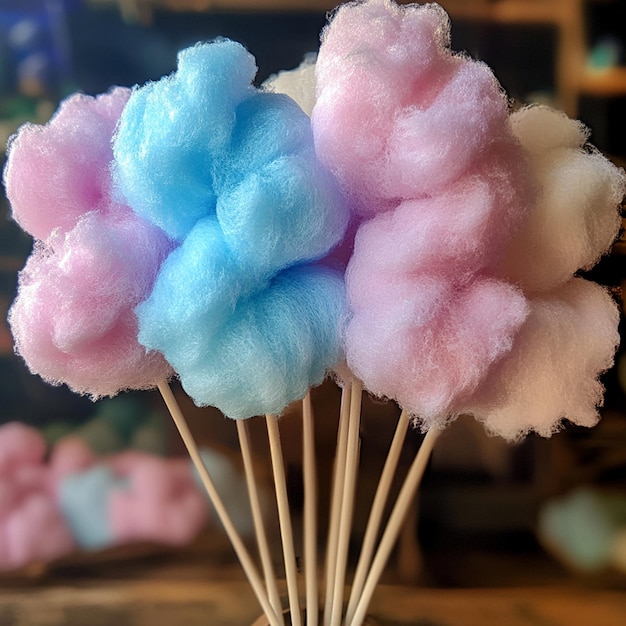 un ramo de flores de algodón con colores rosados y azules