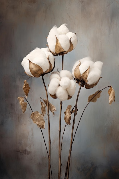 un ramo de flores de algodón en una tela creada con IA generativa