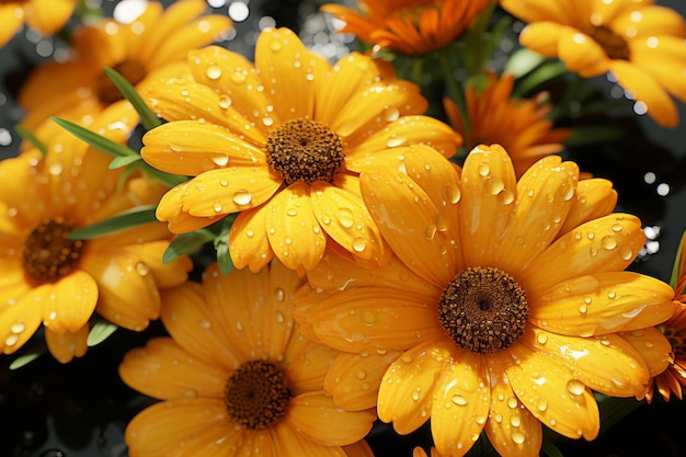 un ramo de flores amarillas con gotas de agua en ellas