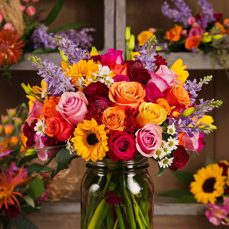 Ramo de flores artificiales en un cubo