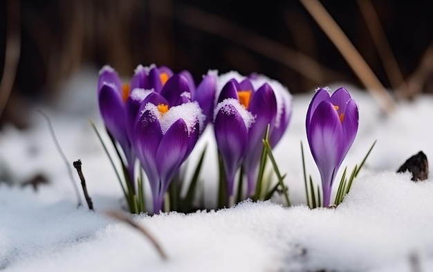 Un ramo de flores de azafrán en la nieve.