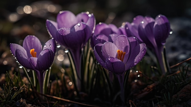 Un ramo de flores de azafrán púrpura al sol