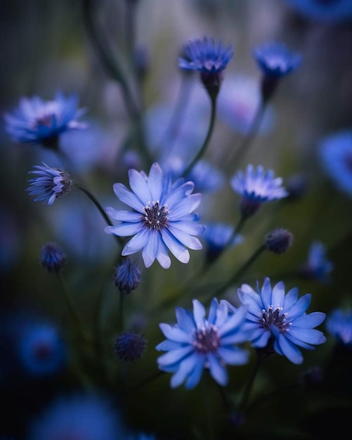 Un ramo de flores azules con un fondo oscuro.