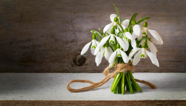 Foto un ramo de flores blancas está atado con una cuerda las flores están dispuestas en un jarrón y se colocan en una mesa de madera concepto de simplicidad y belleza natural