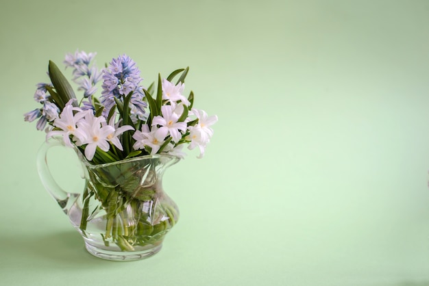 Ramo de flores blancas Chionodoxa en florero de vidrio