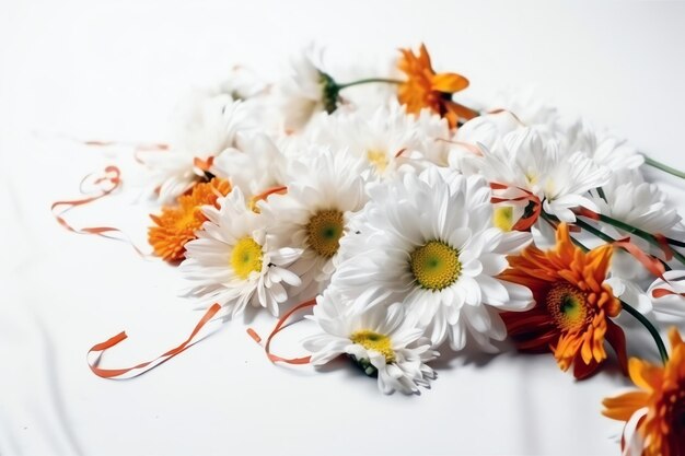 Un ramo de flores blancas con cinta naranja en el lateral.