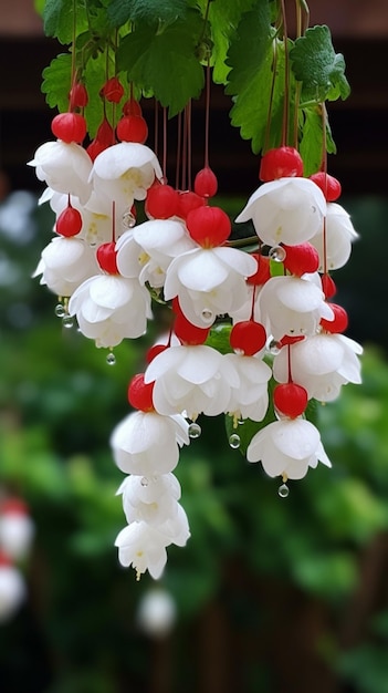 Un ramo de flores blancas con cuentas rojas colgando de la parte superior.