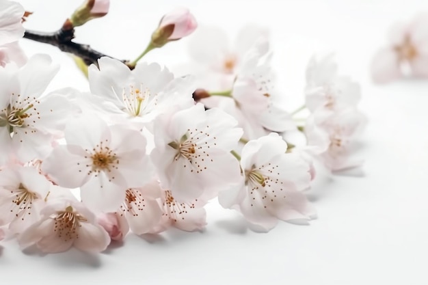 Un ramo de flores blancas con flores rosas sobre un fondo blanco.