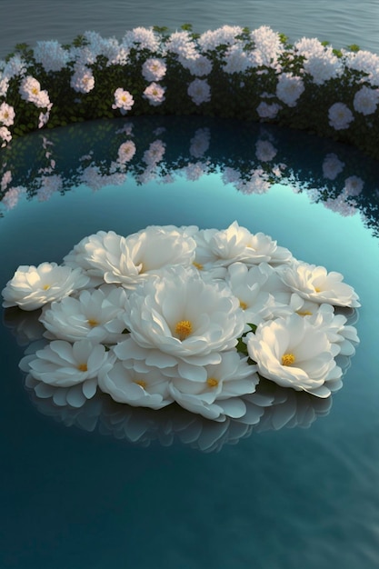 Ramo de flores blancas flotando sobre un cuerpo de agua generativa ai