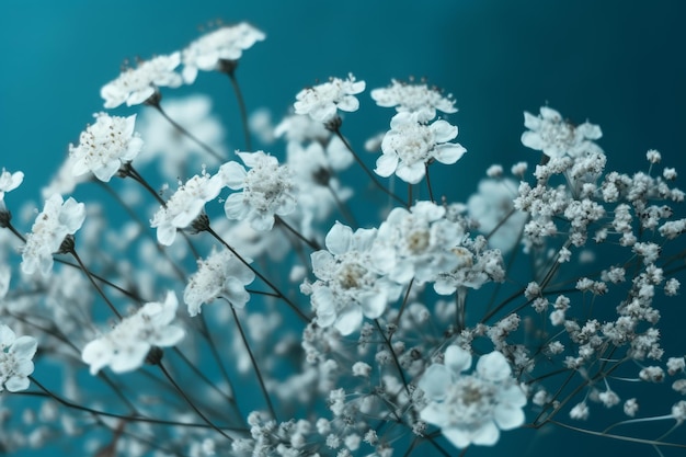 Un ramo de flores blancas con un fondo azul.