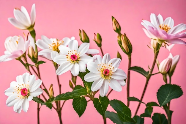 Un ramo de flores blancas con fondo rosa.