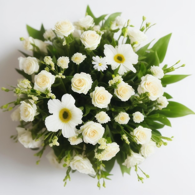 Un ramo de flores blancas con hojas verdes y flores blancas.