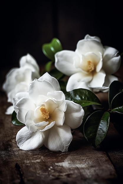 Un ramo de flores blancas con hojas verdes sobre una mesa de madera.