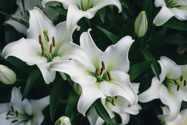 un ramo de flores blancas con hojas verdes