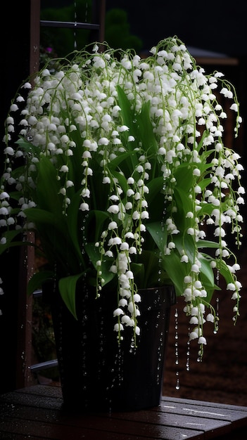 Un ramo de flores blancas con hojas verdes.