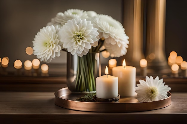 Ramo de flores blancas en un jarrón velas en una bandeja de cobre vintage decoración de la casa de la boda en una mesa