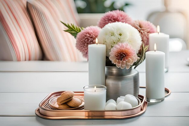 Foto ramo de flores blancas en un jarrón velas en una bandeja de cobre vintage decoración del hogar de la boda en una mesa