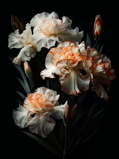 Un ramo de flores blancas con manchas naranjas.